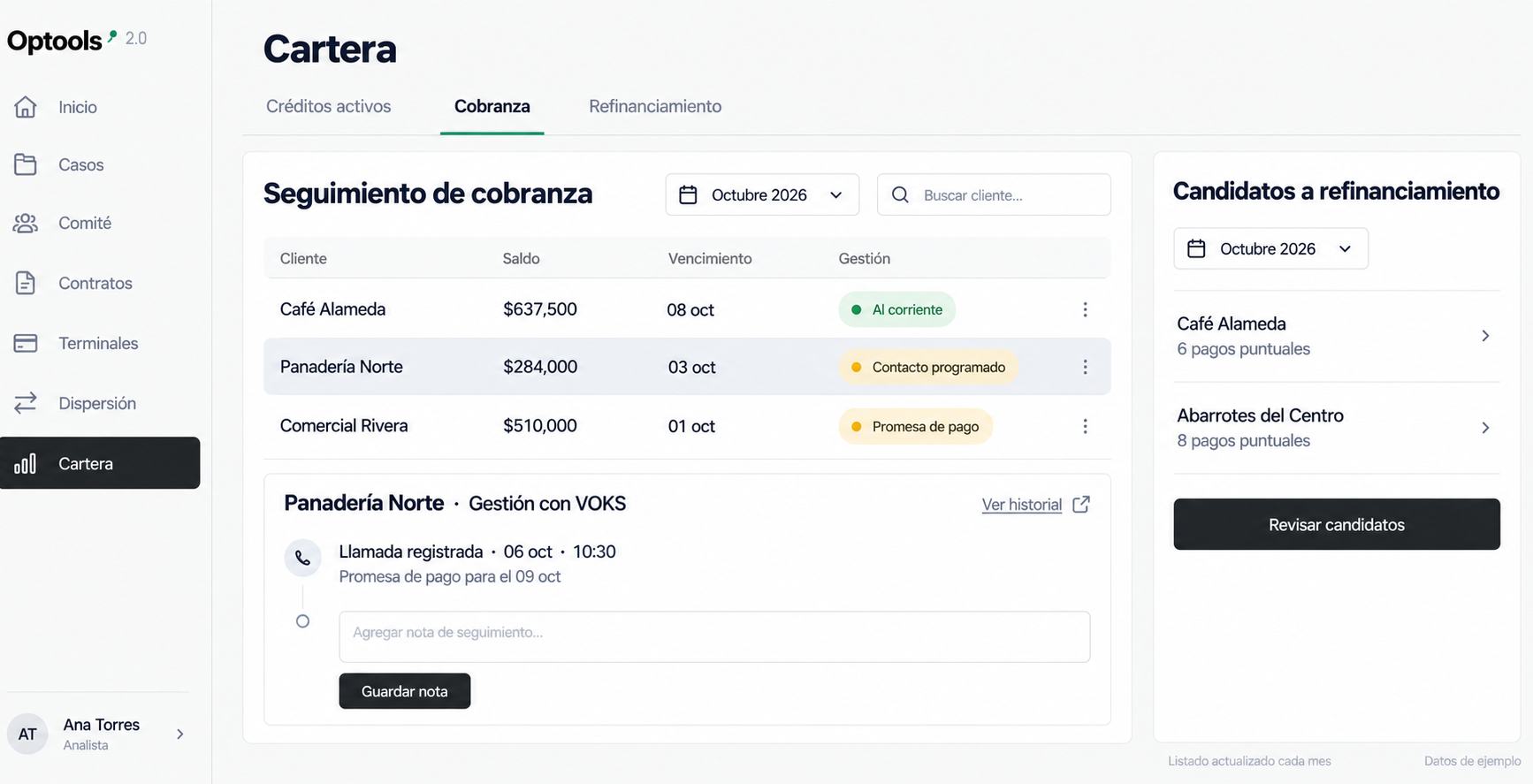 Optools 2.0: seguimiento de cobranza y candidatos a refinanciamiento