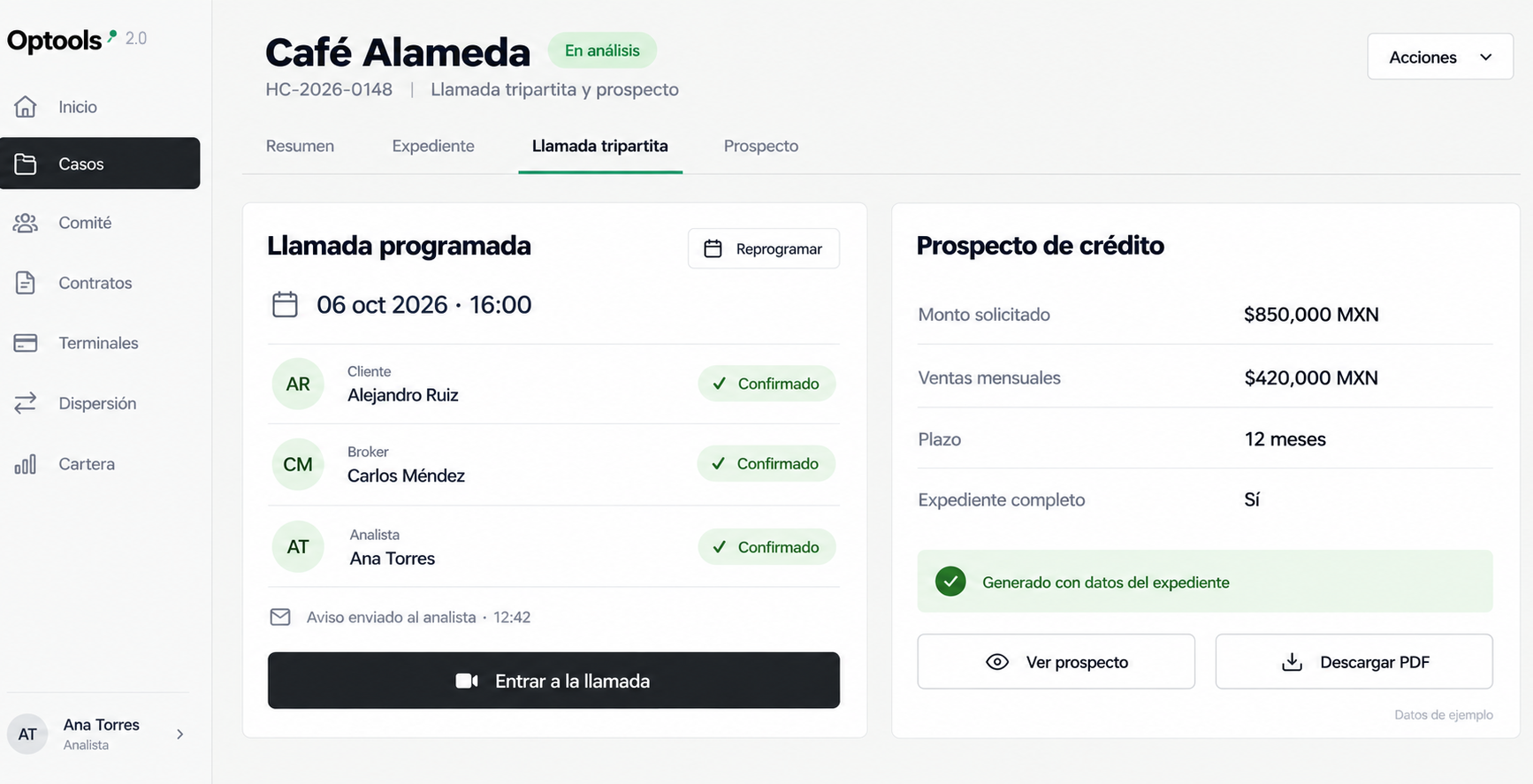 Optools 2.0: llamada tripartita programada y Prospecto generado con el expediente