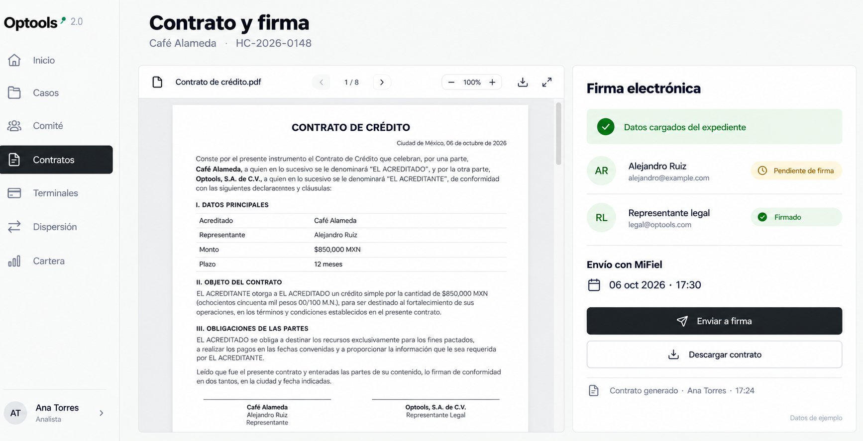 Optools 2.0: contrato prellenado y envío a firma con MiFiel